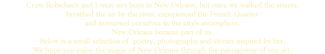 Crow Robichaux and I were not born in New Orleans, but once we walked the streets, breathed the air by the river, experienced the French Quarter and immersed ourselves in the city's atmosphere, New Orleans became part of us. Below is a small selection of poetry, photographs and stories inspired by her. We hope you enjoy the magic of New Orleans through the passageway of our art. 